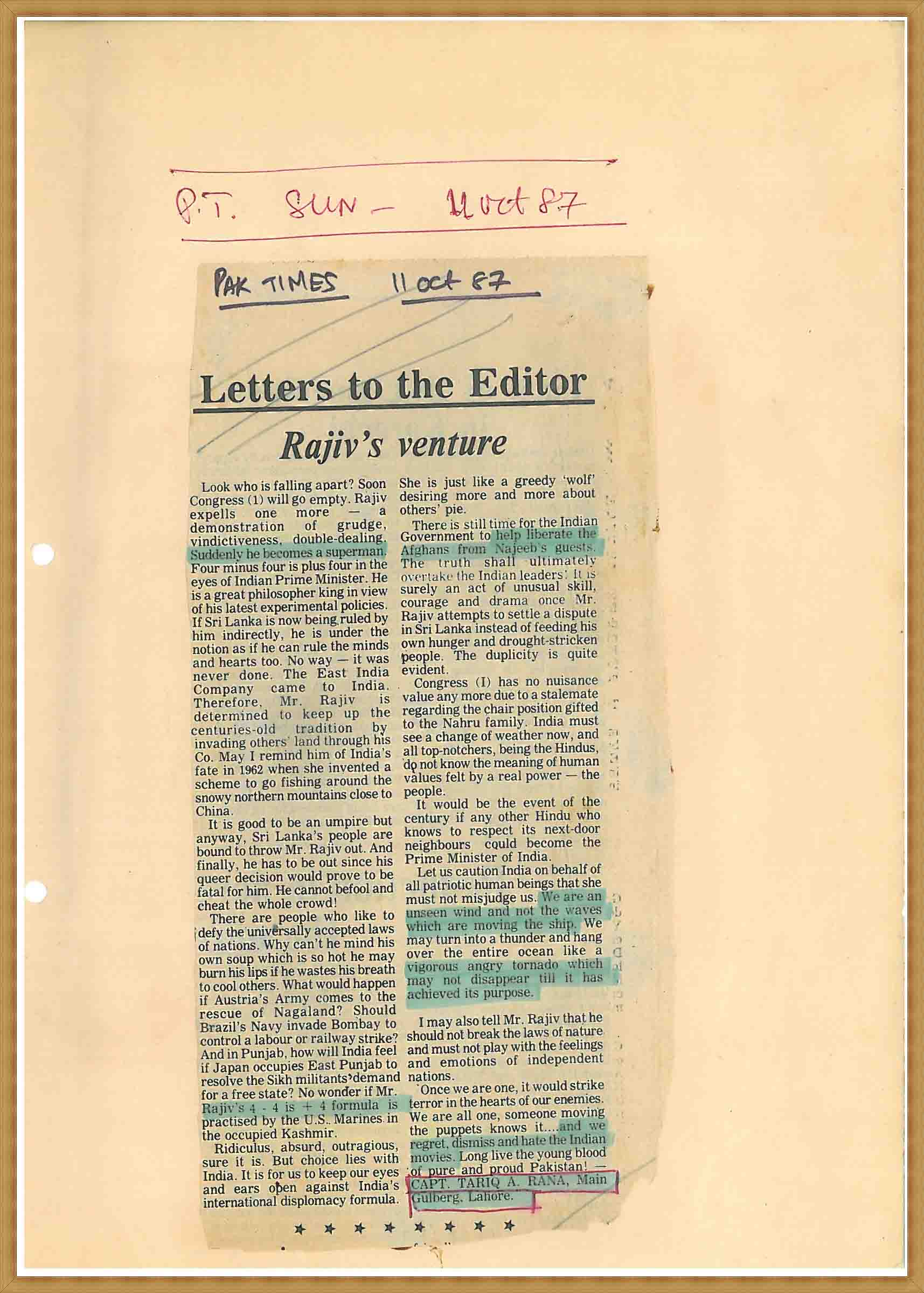 Letter to the Editor-Rajiv's venture(11-10-1987)